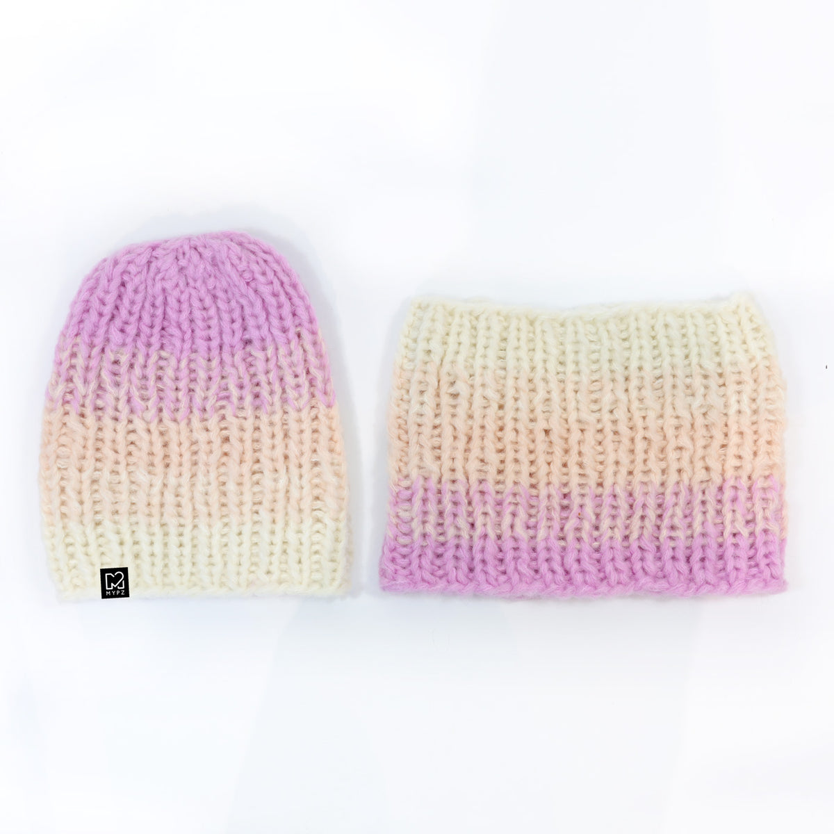 Strickset – Farbverlauf-Mütze und Schlauchschal aus dickem Alpakagarn Powder (ENG-DE-NL-ES-FR-IT-DA-SV-NO)