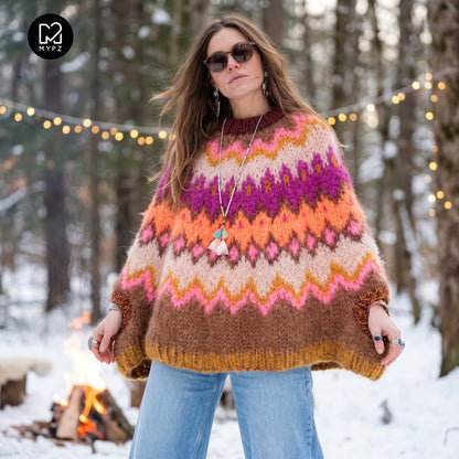 Strickset – MYPZ Chunky Topdown Mohairponcho Brownberry Nr. 12 (ENG-DE-NL-ES-FR-IT-DA-SV-NO)