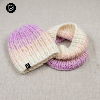 Strickset – Farbverlauf-Mütze und Schlauchschal aus dickem Alpakagarn Powder (ENG-DE-NL-ES-FR-IT-DA-SV-NO)