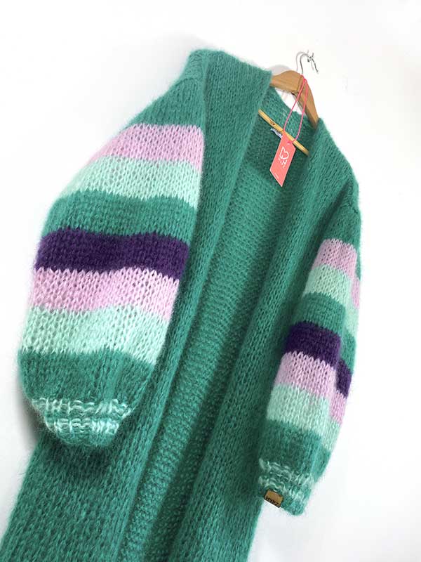 MYPZ knit pattern half long green mohair cardigan SM-ML-LXL