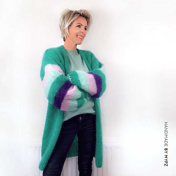 MYPZ knit pattern half long green mohair cardigan SM-ML-LXL